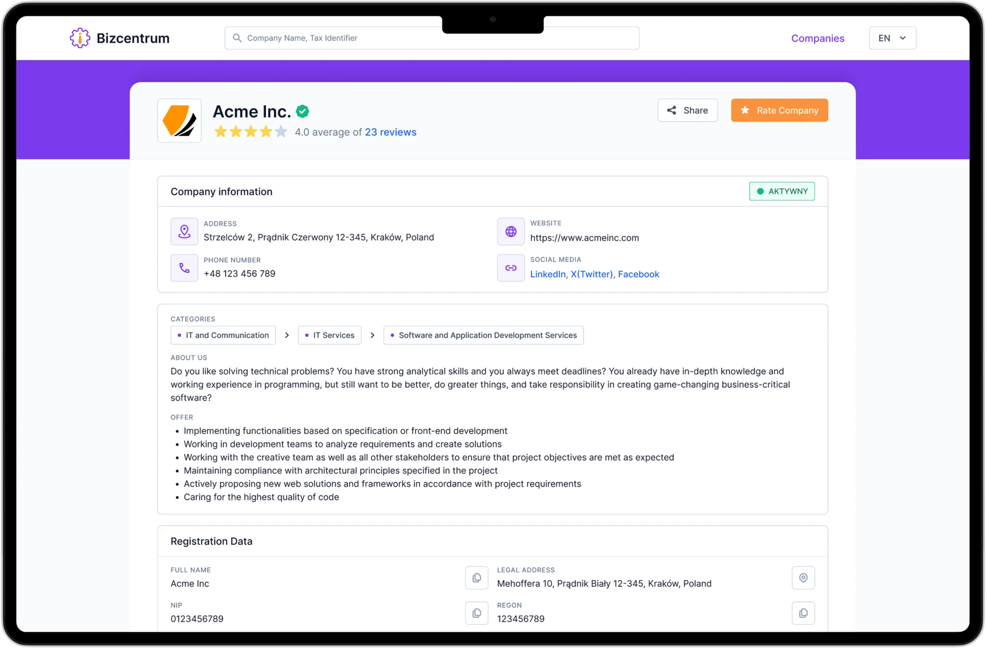 Page entreprise BizCentrum sur ordinateur
