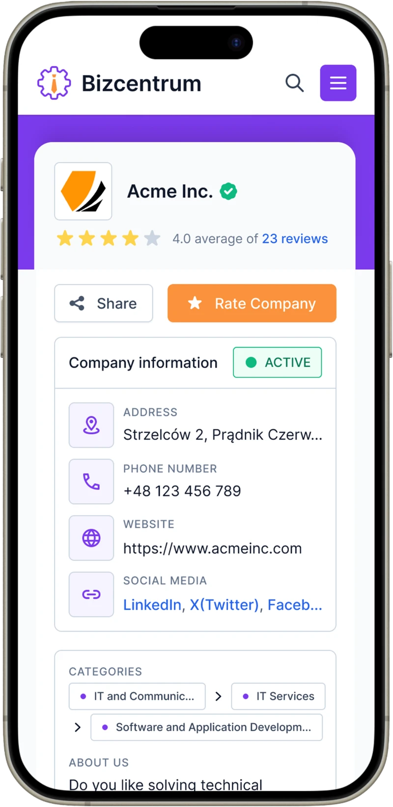 Page entreprise BizCentrum sur mobile